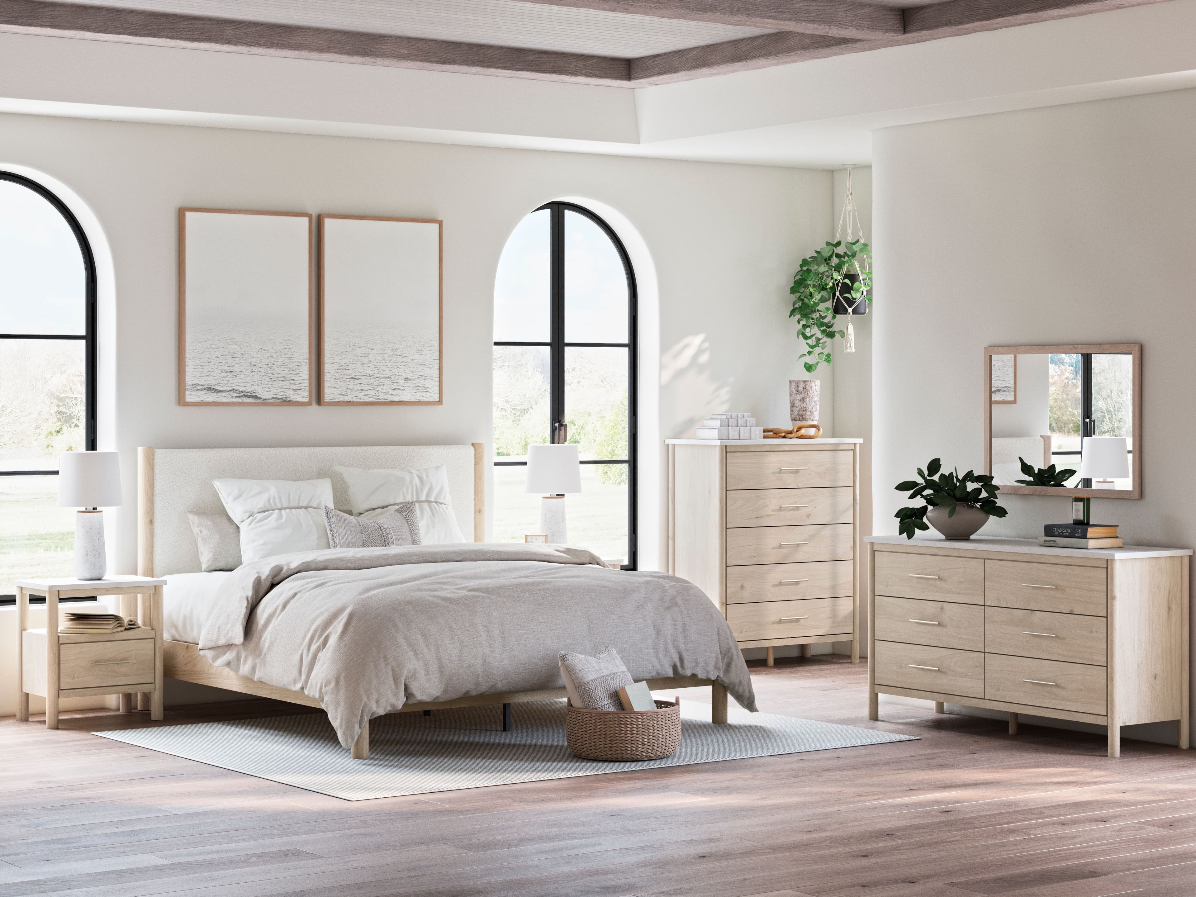 Cadmori - 8 Pc. - Dresser, Mirror, Chest, King Upholstered Panel Bed, 2 Nightstands - Two-tone