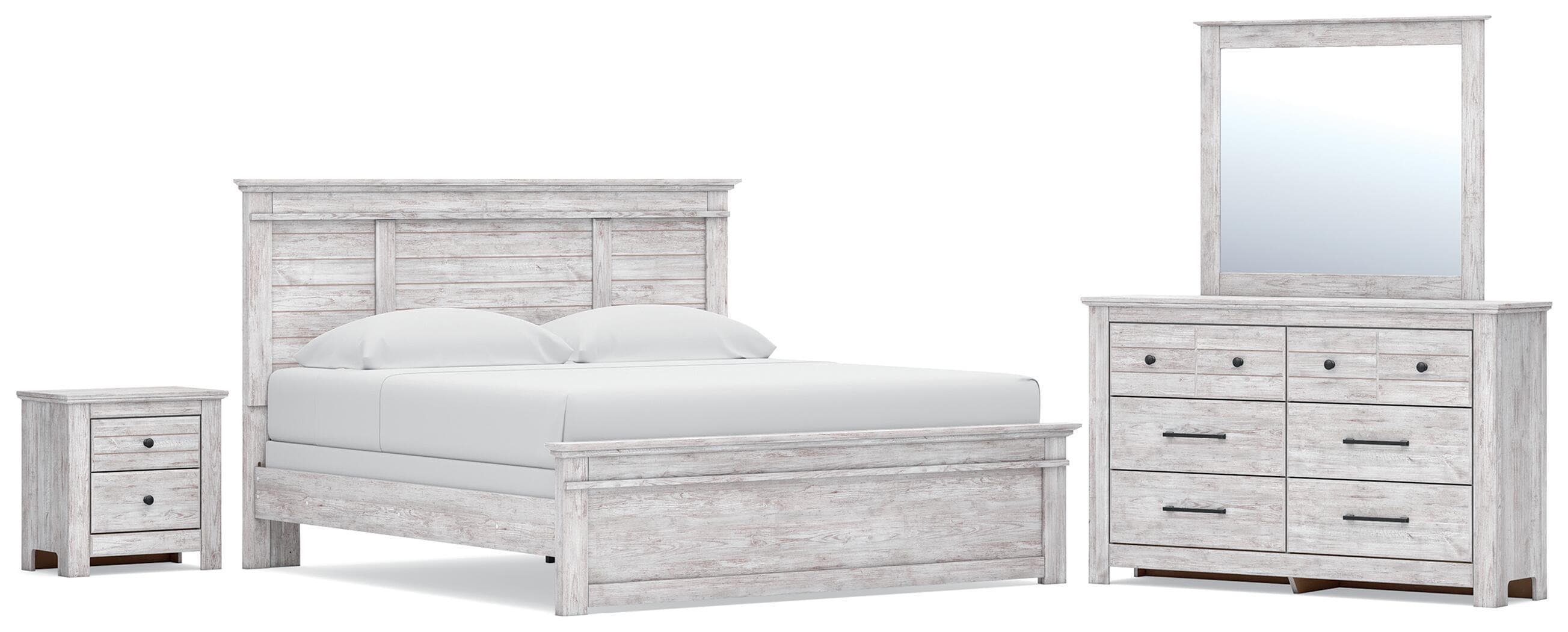 4 Pc. · King Panel Bed, Dresser, Mirror And Nightstand · Whitewash