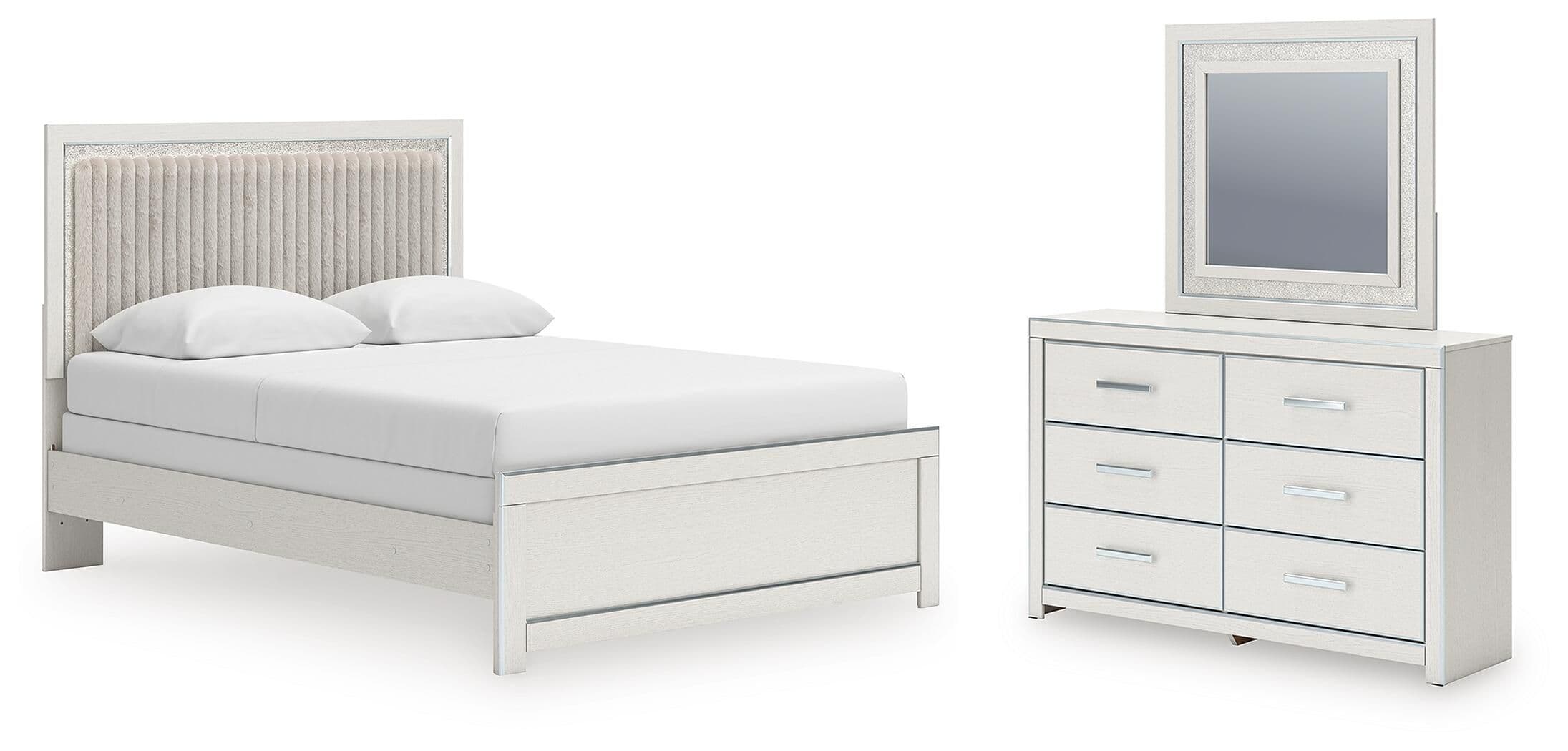 3 Pc. · Queen Upholstered Panel Bed, Dresser And Mirror · White