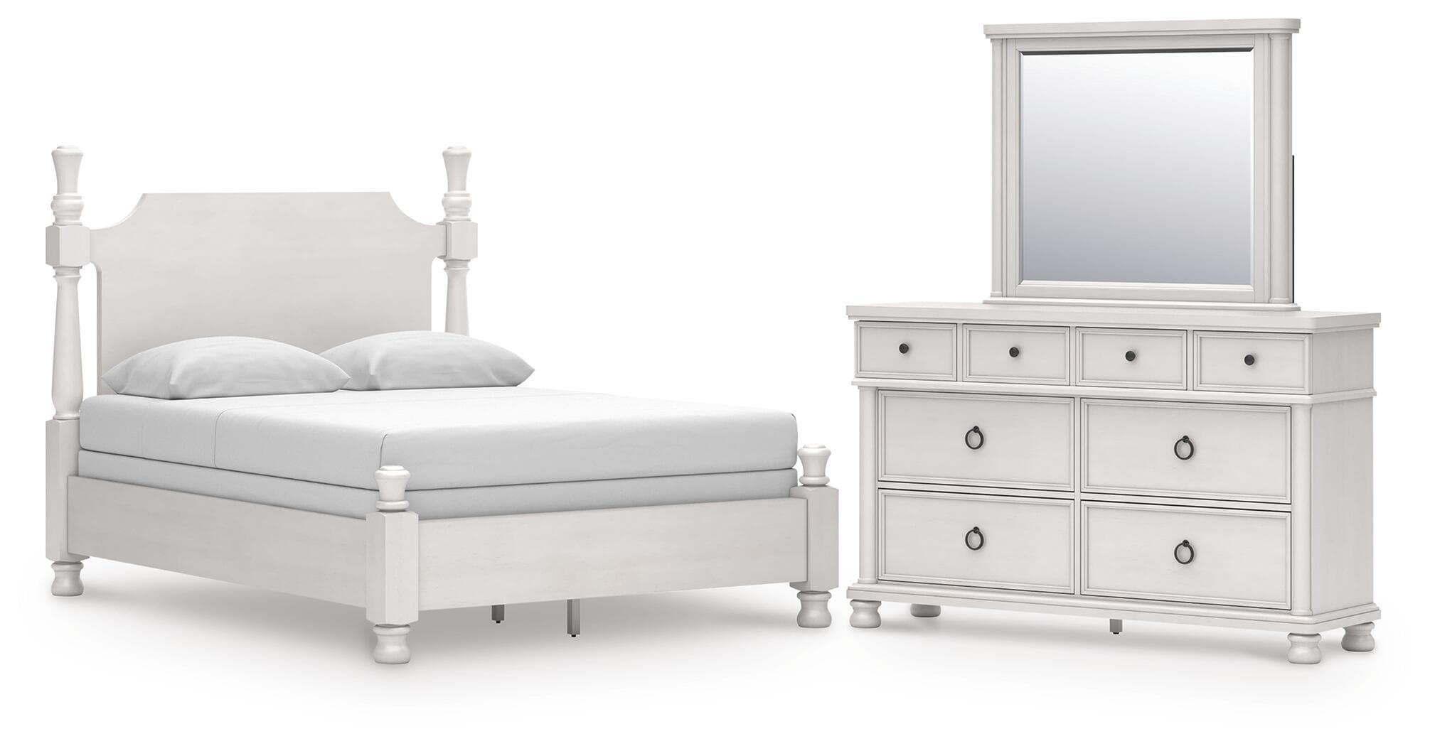 3 Pc. · Queen Poster Bed, Dresser And Mirror · Antique White